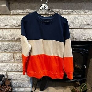 Color-Blocked Blue and Cream Crew Neck Sweater medium